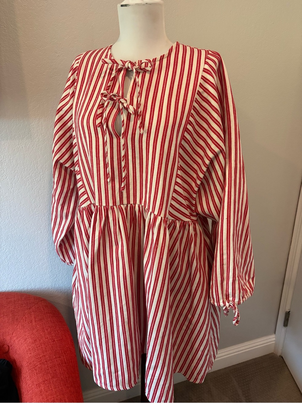 FRNCH Huxley long sleeve baby doll dress red white stripe size M
